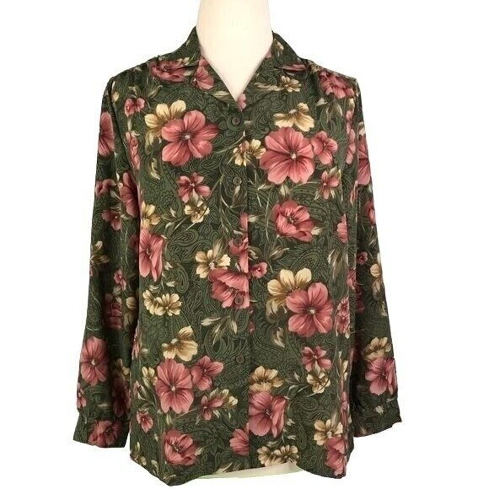 BonWorth Button Front Blouse Long Sleeves Floral Green Sz Large Reg Sz 1X